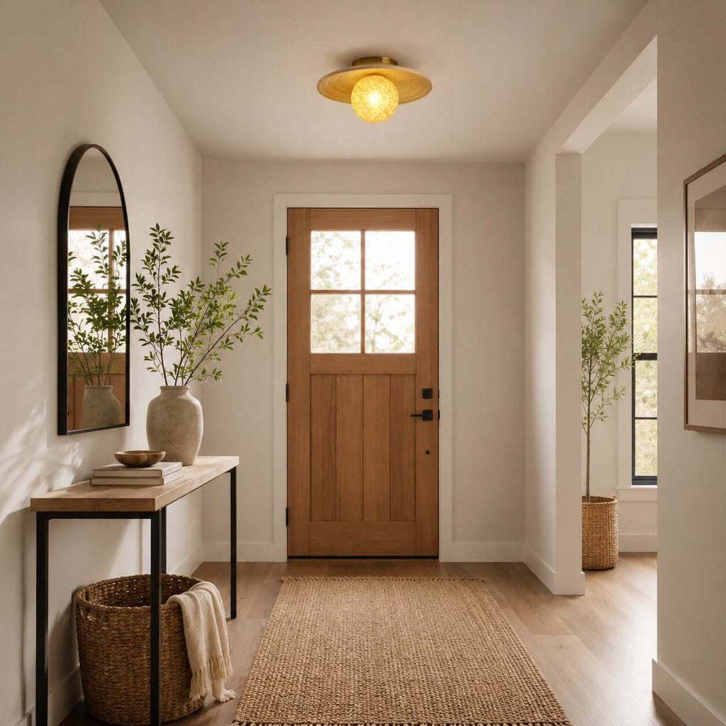 A small Clérachic flush light with a bamboo disc and warm globe hangs in a front hall with a timber door and a jute rug.