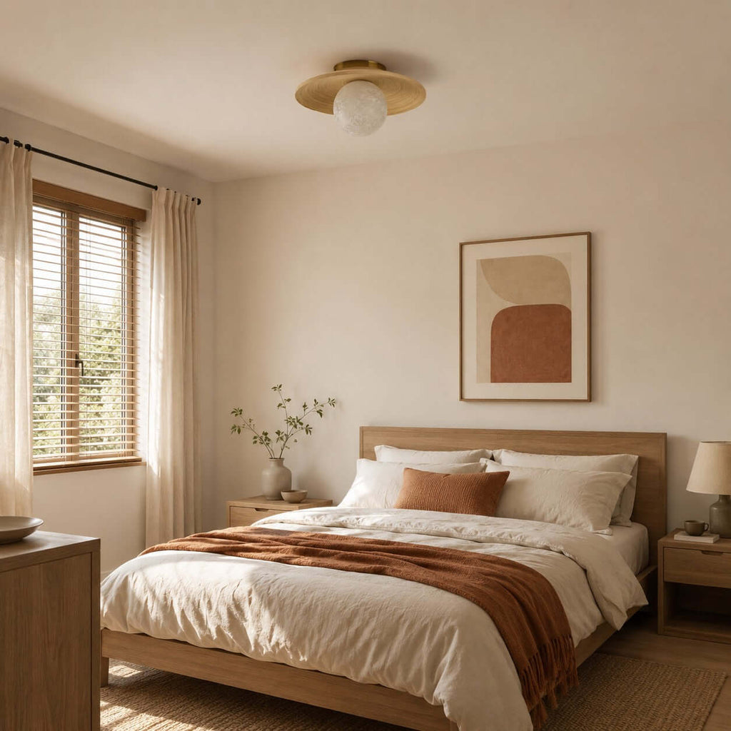 This Clérachic ceiling light with a frosted white globe hangs over a bedroom with a rust throw and linen bedding.