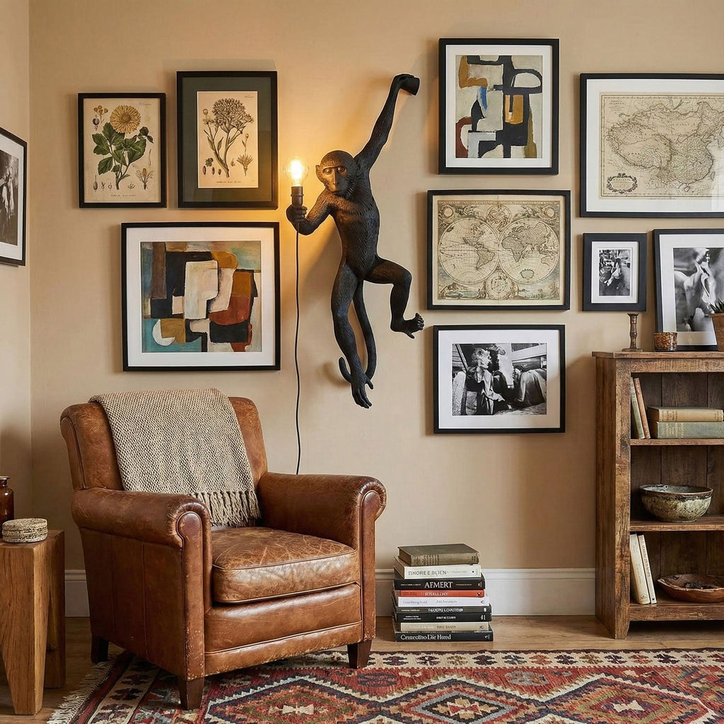 A black monkey wall light from Clérachic hangs among framed prints and maps, with a leather armchair and shelves below.