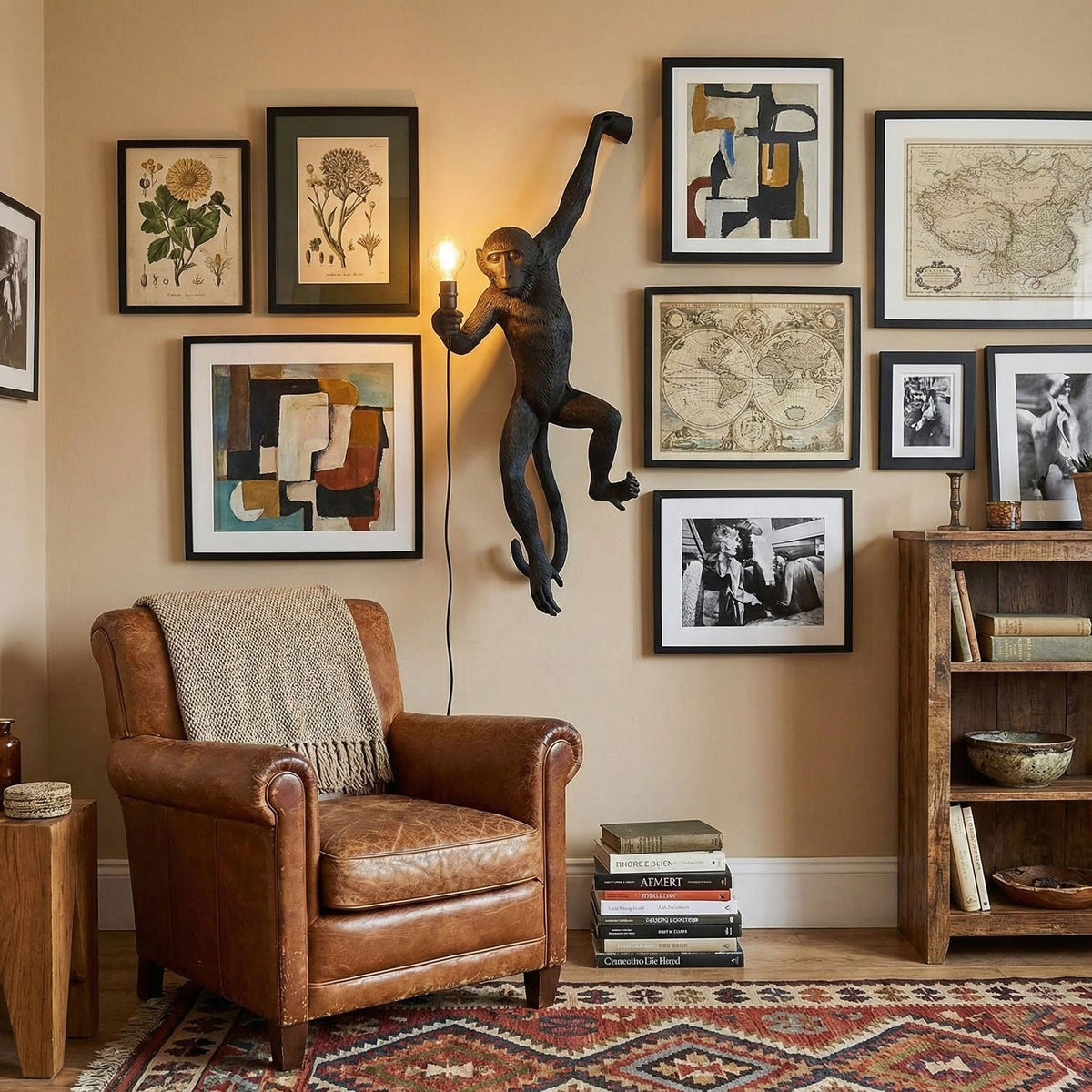 A black monkey wall light from Clérachic hangs among framed prints and maps, with a leather armchair and shelves below.