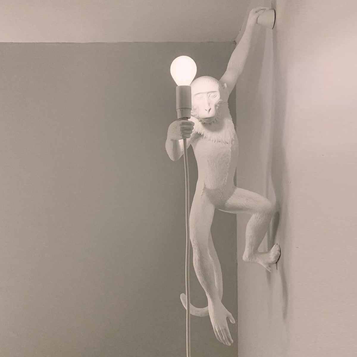 Close view of a white Clérachic monkey light on a grey wall, one arm reaching up, a round bulb held near its face.