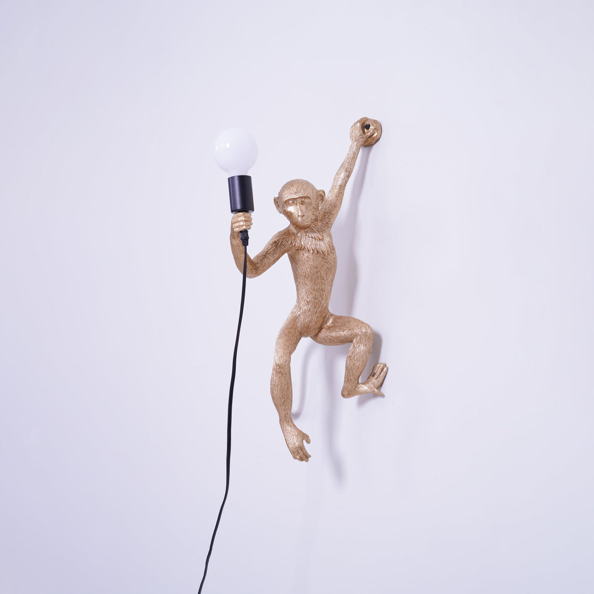 A gold Clérachic monkey light, its bulb held at head height, reaches up the lilac-white wall with a black cord trailing.