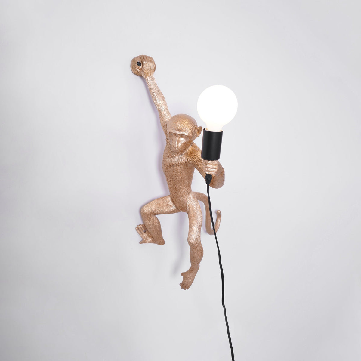 A gold Clérachic monkey light close up on a pale grey wall, its large globe bulb lit and a black cord falling behind.