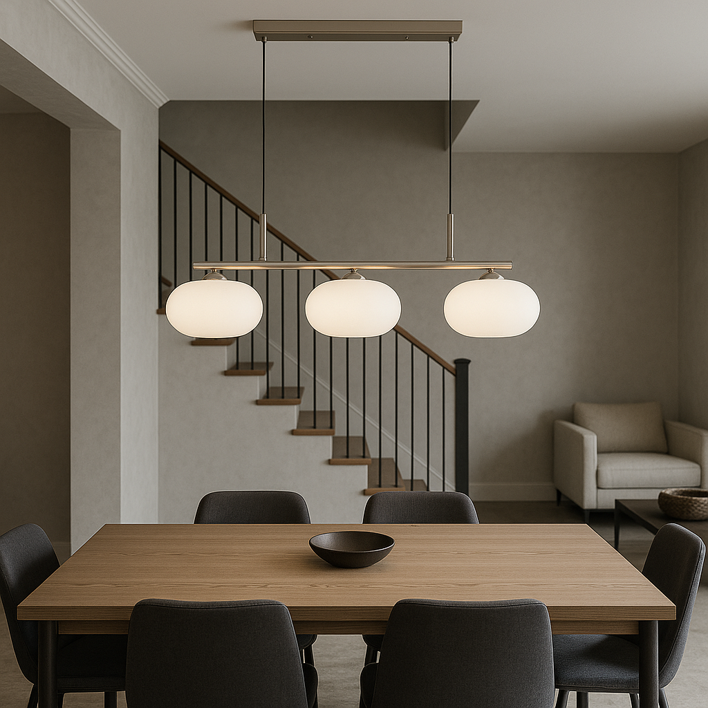 Clérachic three-head glass pendant light with a silver-toned bar, hanging above a wood dining table with dark upholstered chairs and a staircase behind.