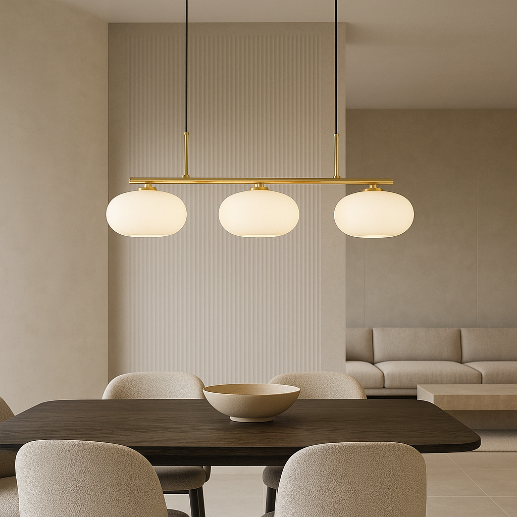 Clérachic three-head glass pendant light in a gold-toned finish, hanging over a dark wood dining table with cream boucle chairs and a ribbed wall panel behind.