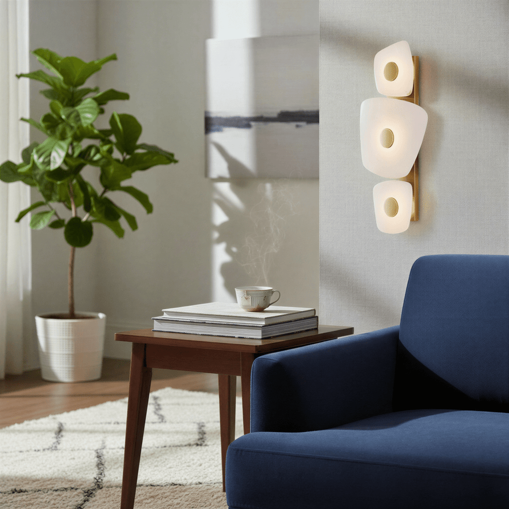 Clérachic marble wall sconce lit in a living room, its narrow vertical profile beside a navy armchair and a side table with a steaming cup.