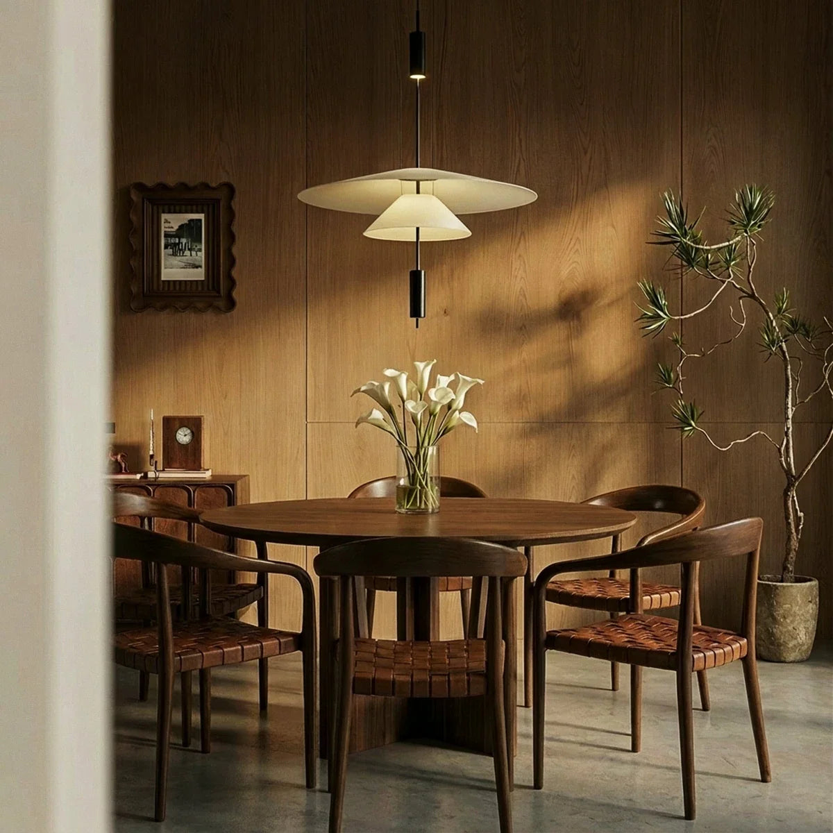 Clérachic white tiered pendant hung over a round walnut dining table with woven leather chairs and calla lilies.