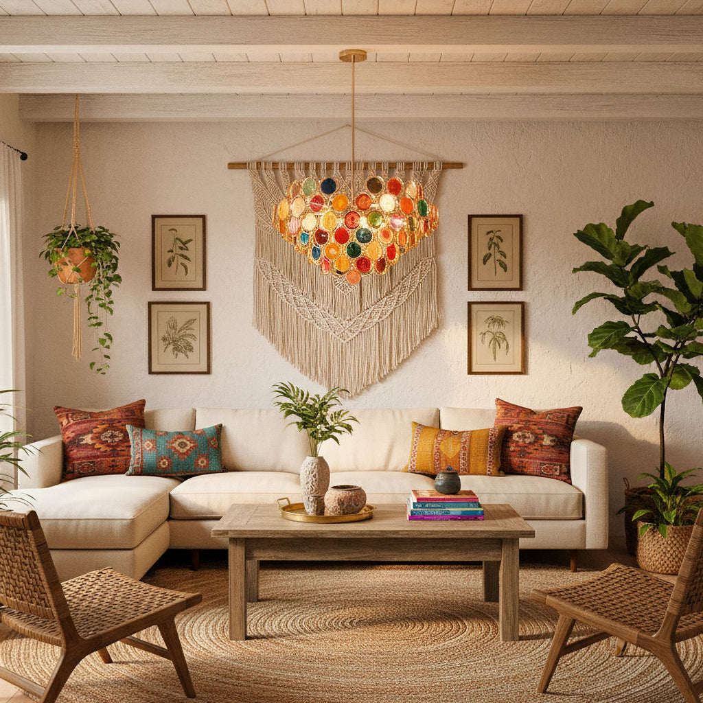 Clérachic agate chandelier hanging in a cream living room with a woven wall hanging, a pale sofa and rattan chairs.