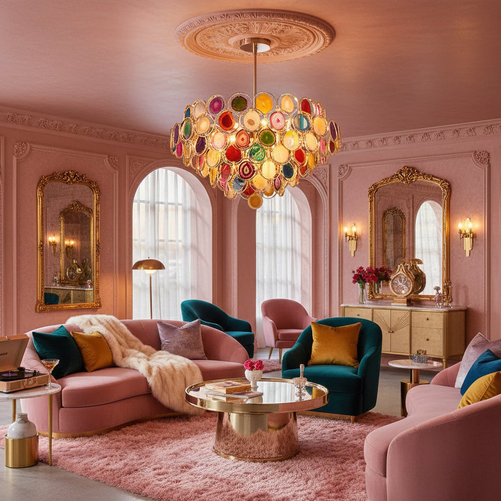 Colourful Clérachic agate chandelier under a pink ceiling rose, in a room with gilt mirrors and a pink sofa.