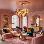Colourful Clérachic agate chandelier under a pink ceiling rose, in a room with gilt mirrors and a pink sofa.