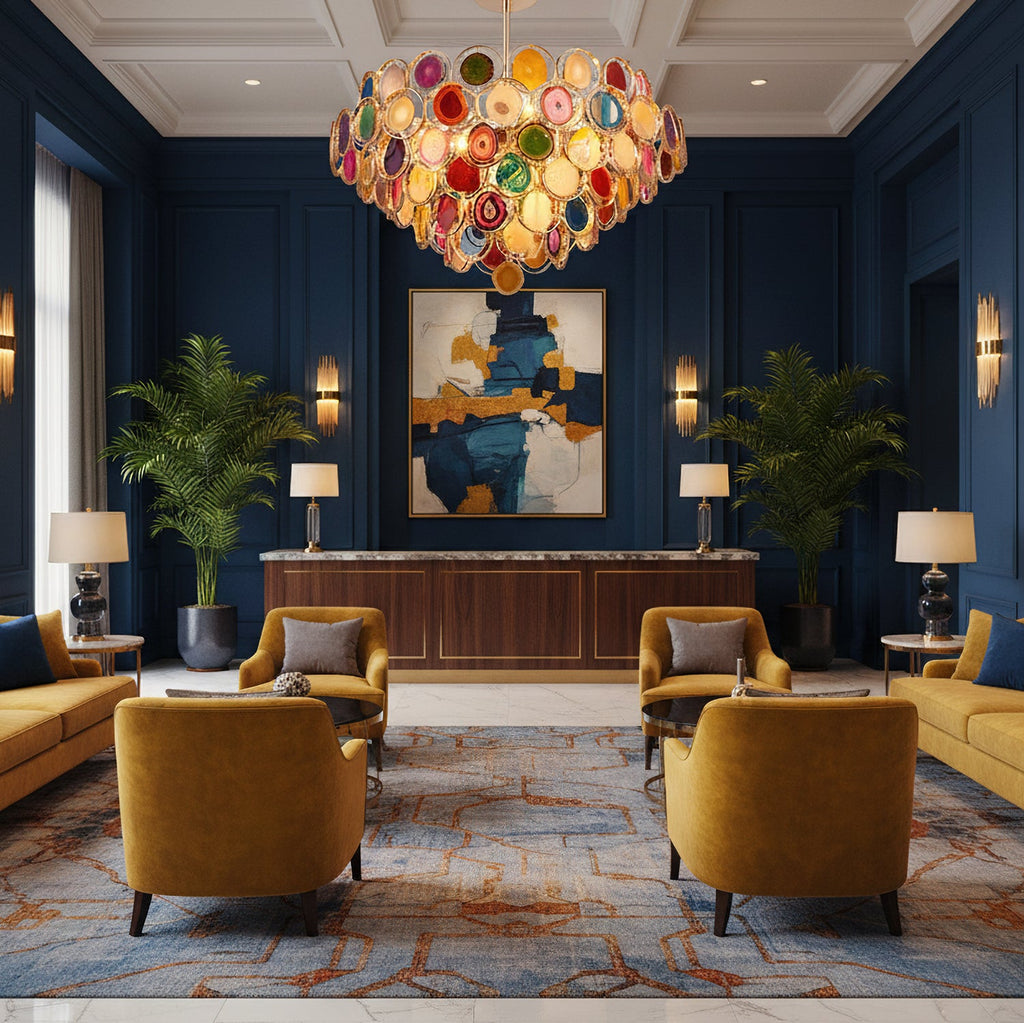 Clérachic agate chandelier centred in a navy-walled lounge with mustard armchairs and a patterned rug below.
