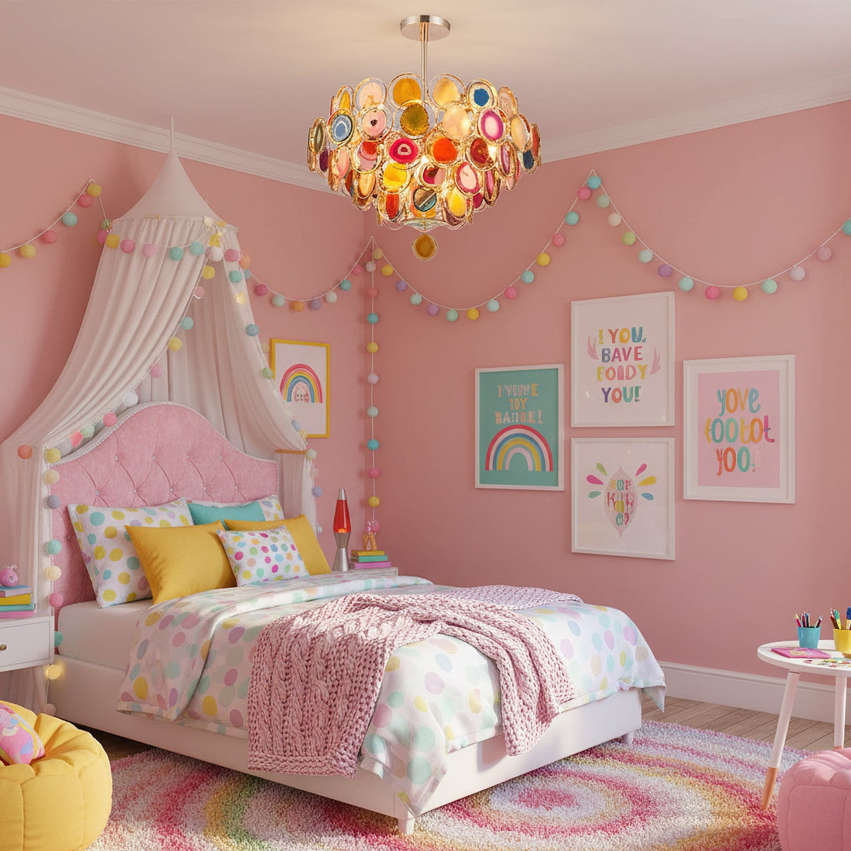 A Clérachic agate chandelier above a pink child's bedroom with a canopy bed and pastel bunting on the walls.