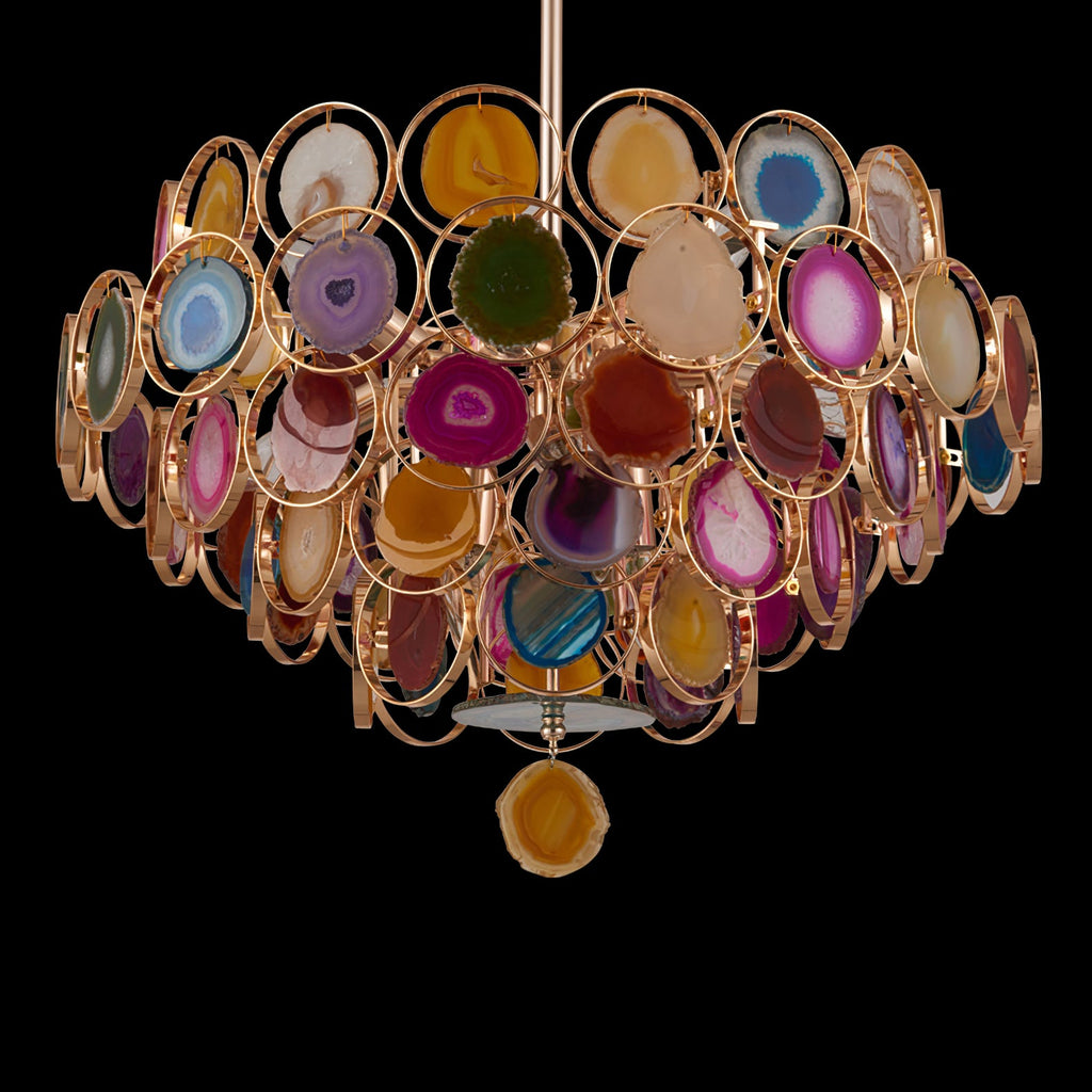 Clérachic agate chandelier on a black background, showing coloured stone slices in gold rings and a pendant slice below.