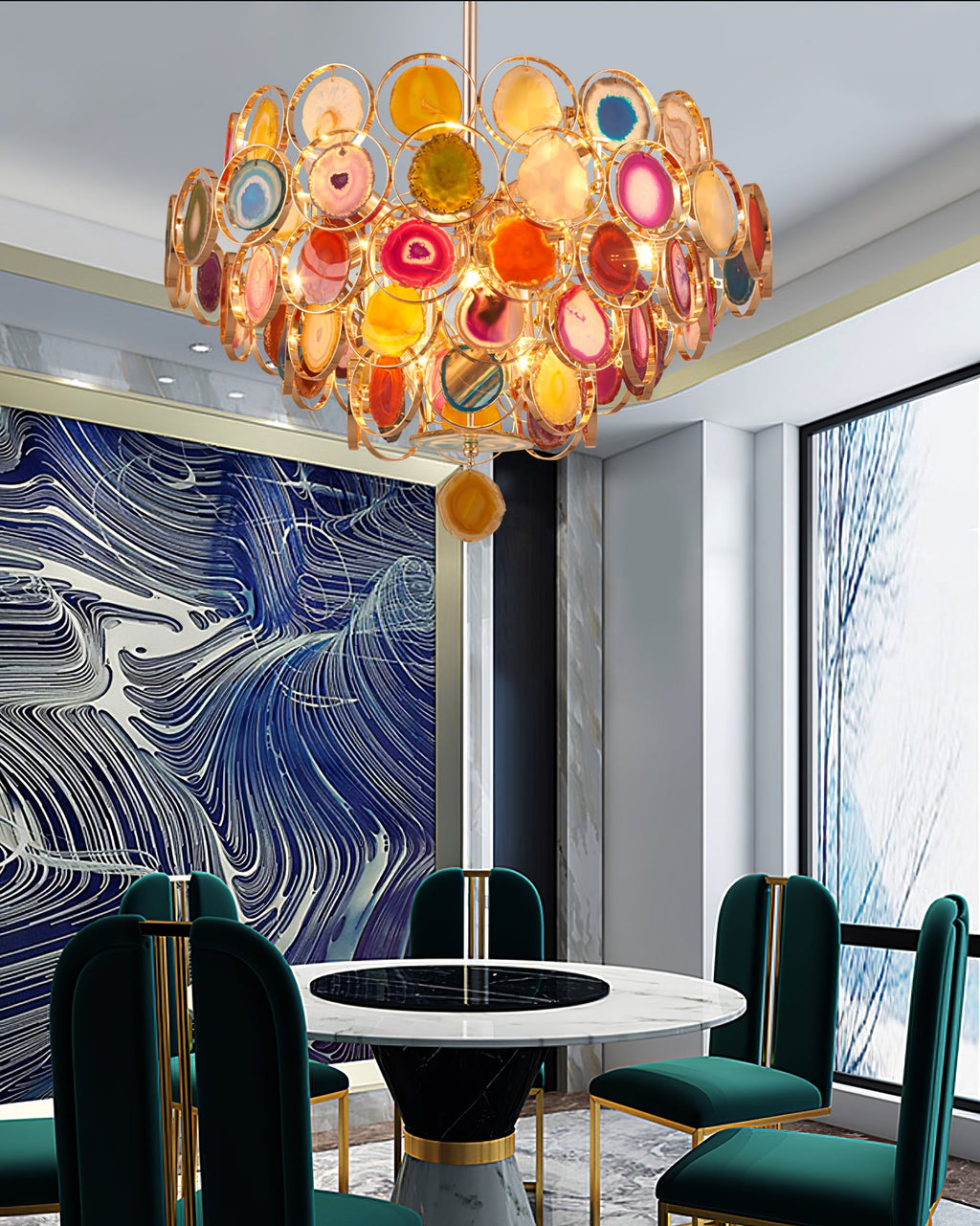 This Clérachic agate chandelier hangs above a round marble table with green chairs, near a blue patterned wall.