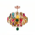 Rose-gold Clérachic agate chandelier on white, with stone slices in green, pink, amber and purple and a green slice below.
