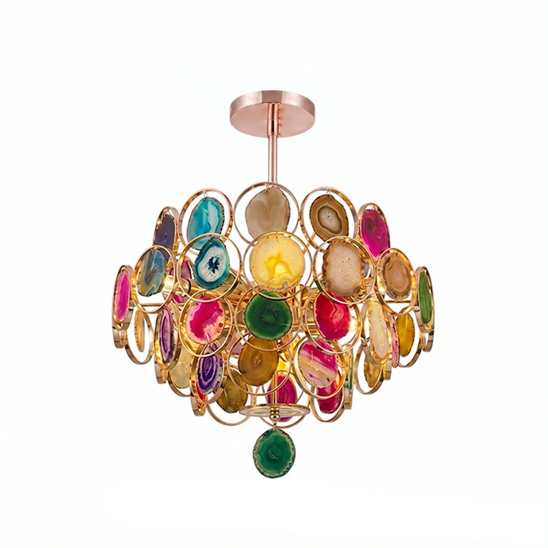 Rose-gold Clérachic agate chandelier on white, with stone slices in green, pink, amber and purple and a green slice below.
