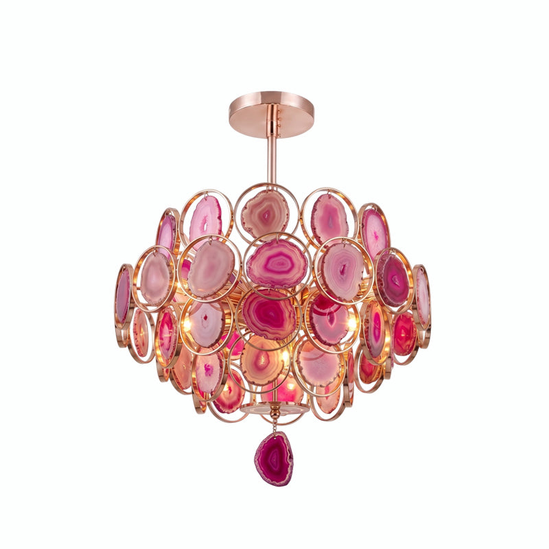 Clérachic agate chandelier on white, its slices in pink and magenta tones with a pink pendant slice below.