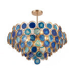 Clérachic agate chandelier in blue stone slices, with a deep tiered shape under a round rose-gold canopy.