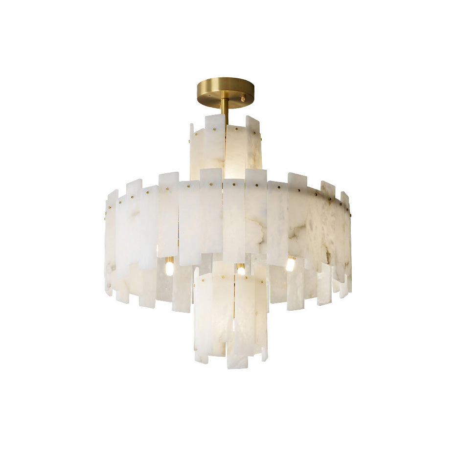 Clérachic Tiered Alabaster Chandelier shown against white, three rings of stone slabs pinned to its brass frame.