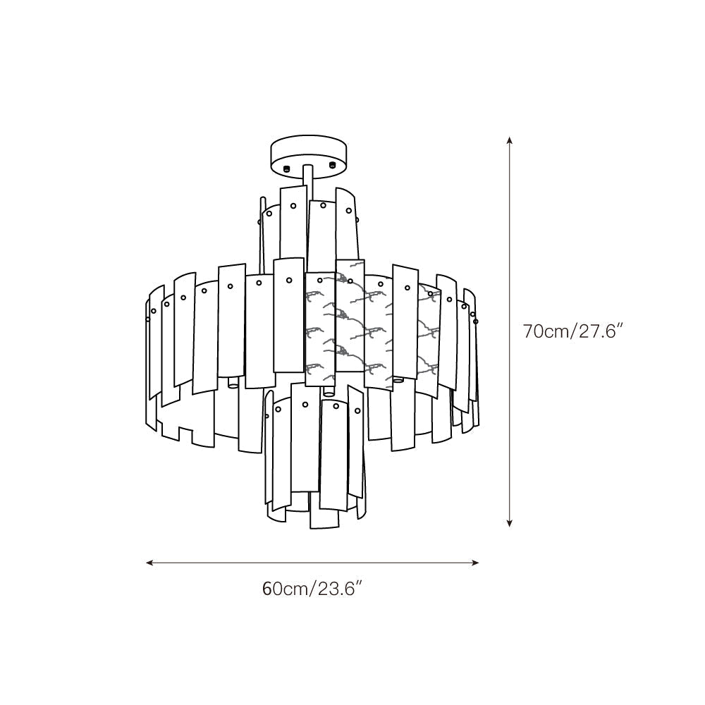 Dimension drawing of the Clérachic Tiered Alabaster Chandelier, 60cm/23.6″ wide and 70cm/27.6″ high.