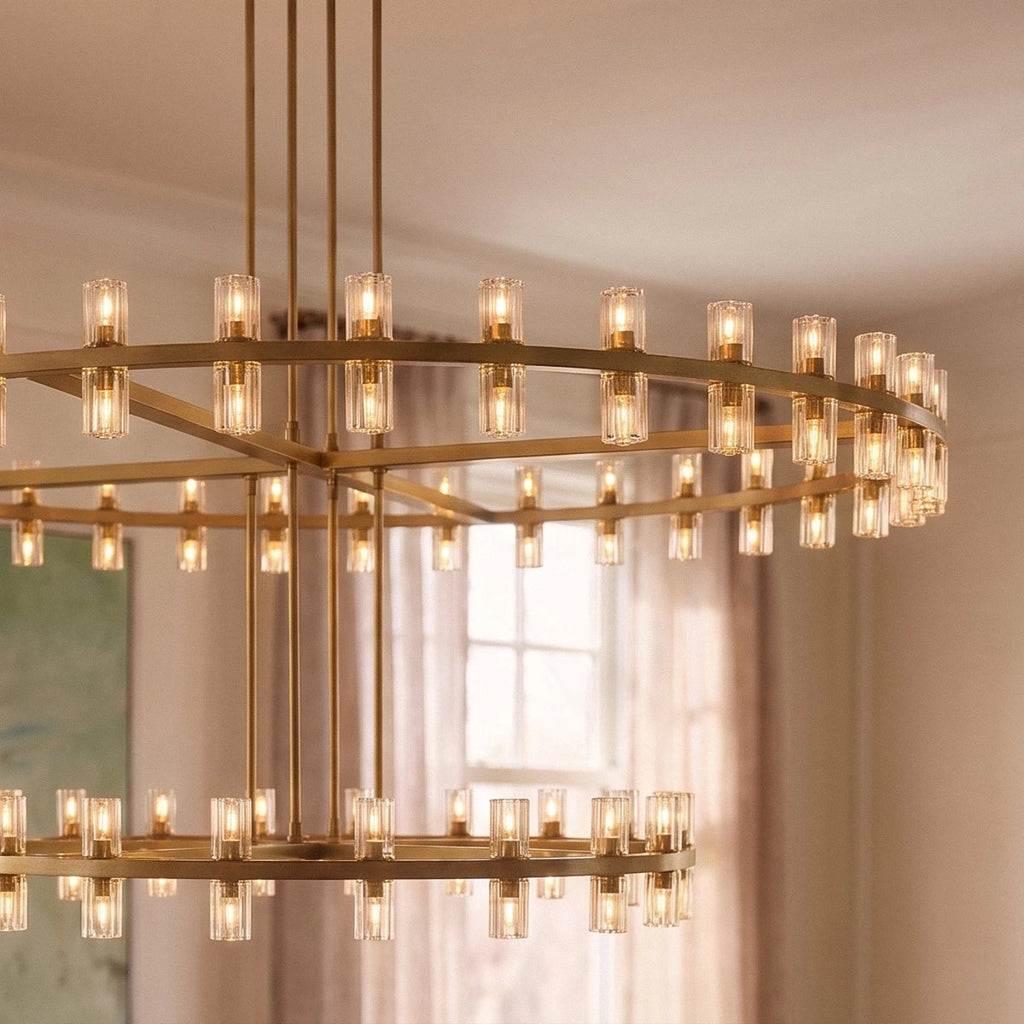 Close view of a Clérachic lacquered brass chandelier lit warm, its glass cylinders glowing on two rings in a dining room.