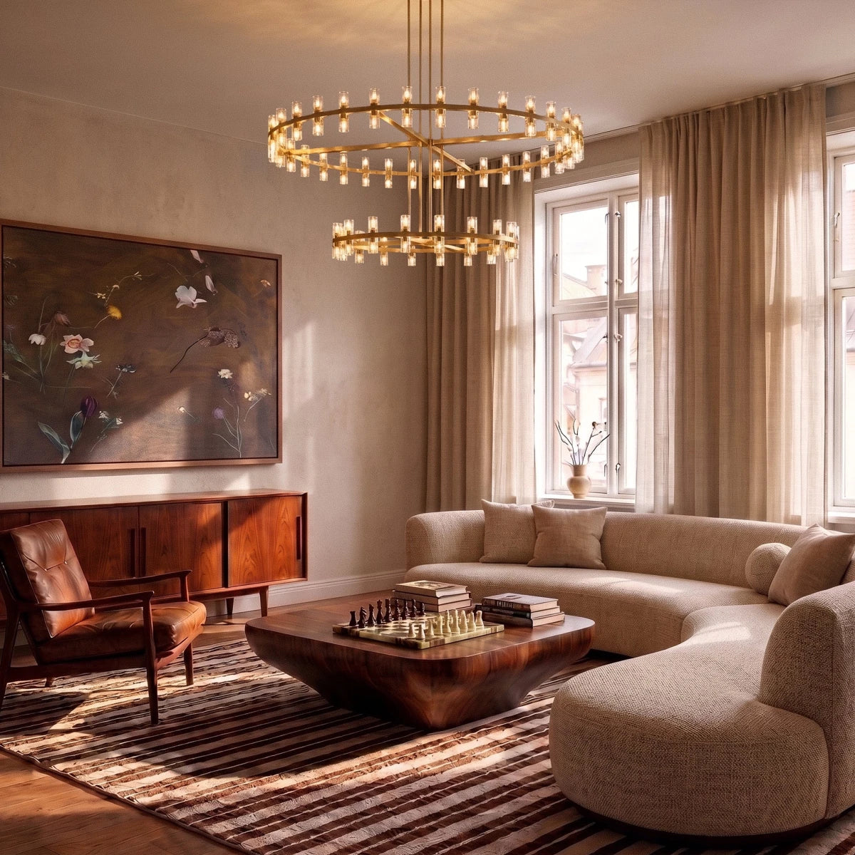 Clérachic lacquered brass tiered chandelier above a curved cream sofa and a chess set on a walnut coffee table.
