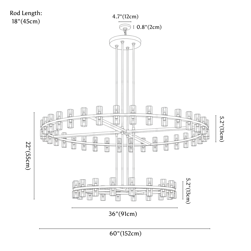 Clérachic chandelier dimension drawing, every measurement marked in centimetres and inches.