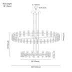 Clérachic chandelier dimension drawing, every measurement marked in centimetres and inches.