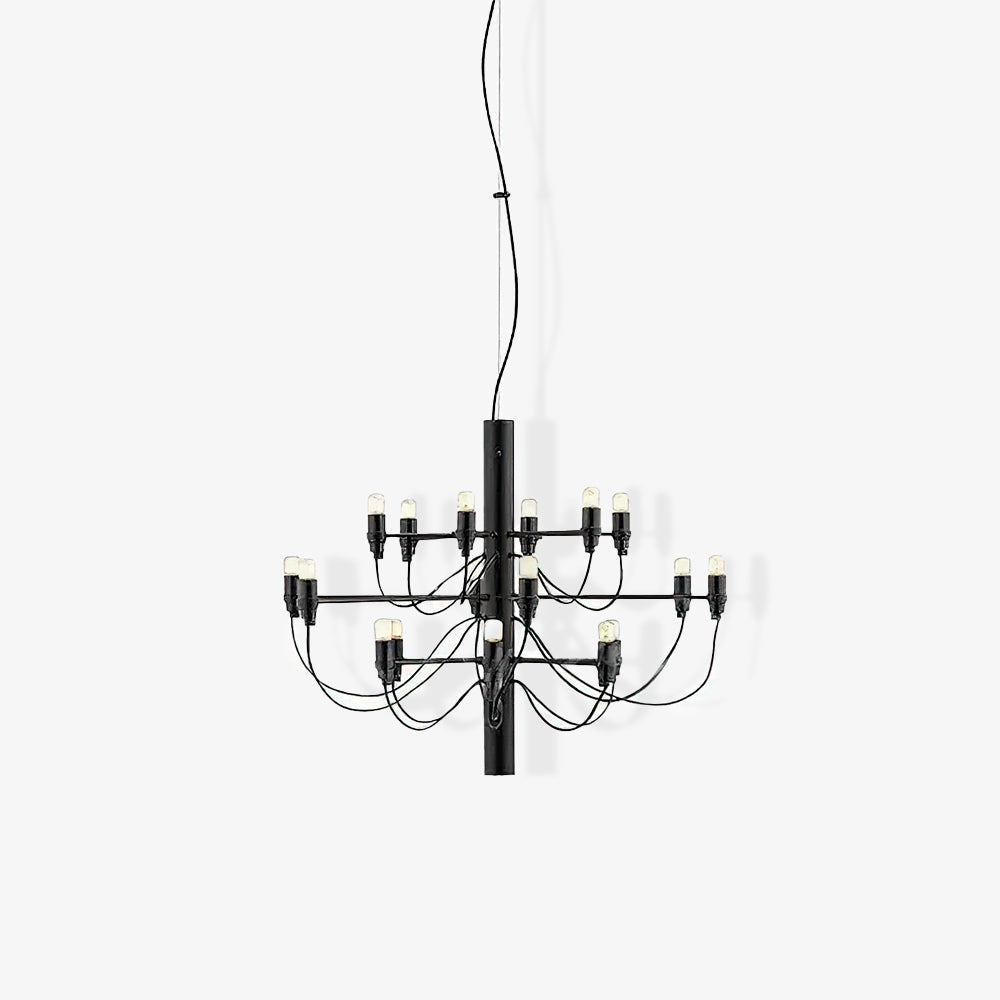 A small matt black Clérachic chandelier with curved cable arms, shown on a pale grey backdrop with a soft shadow.