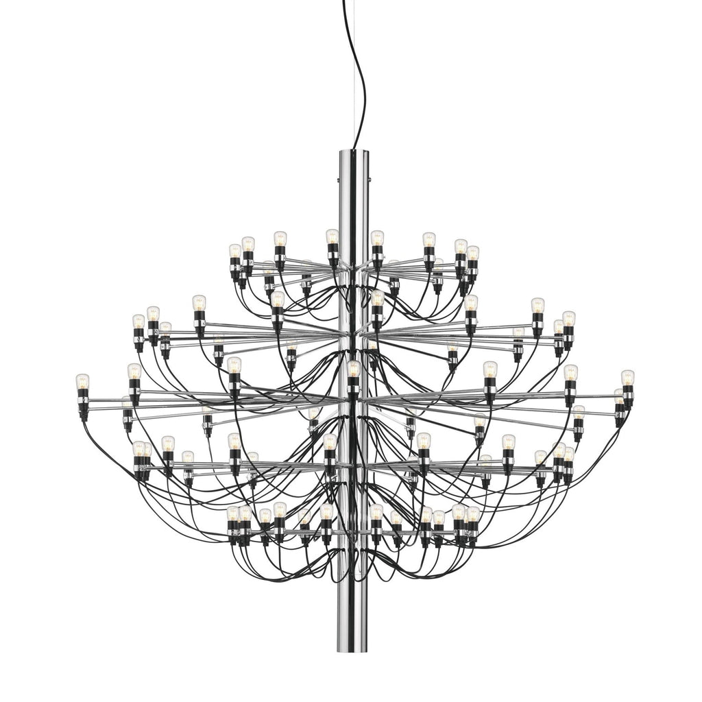 A large Clérachic chandelier with a polished chrome stem and many tiers of slim arms, on a plain white backdrop.