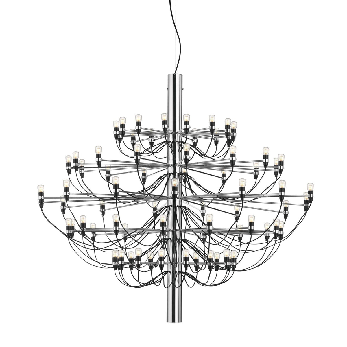 A large Clérachic chandelier with a polished chrome stem and many tiers of slim arms, on a plain white backdrop.