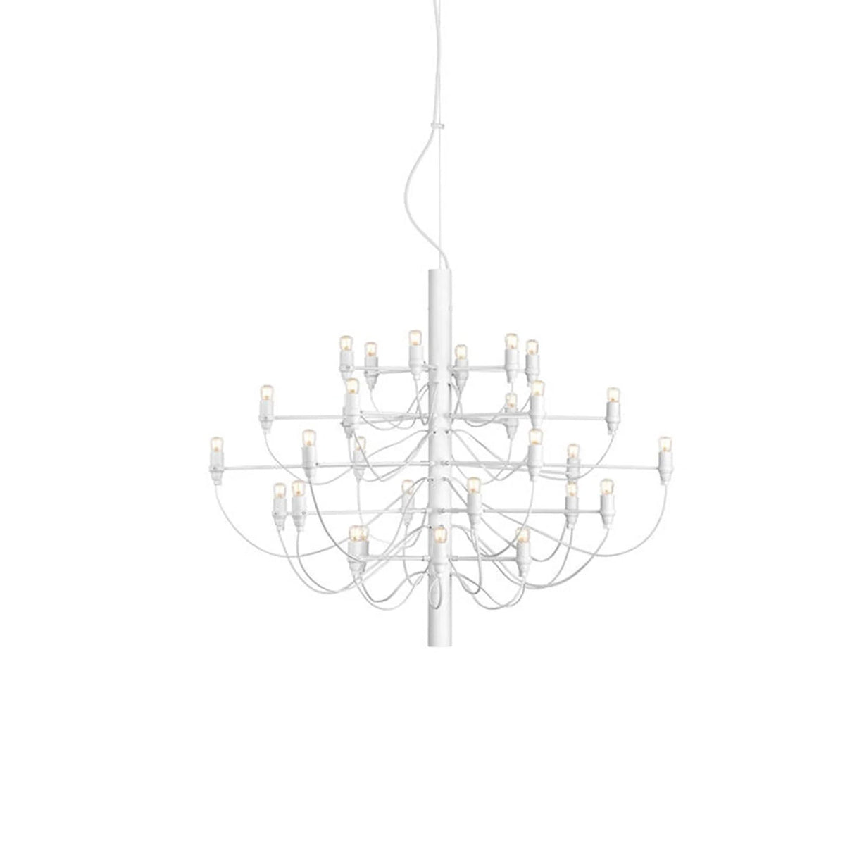 A small Clérachic chandelier in matt white with slim arms and exposed bulbs, almost blending into its white backdrop.
