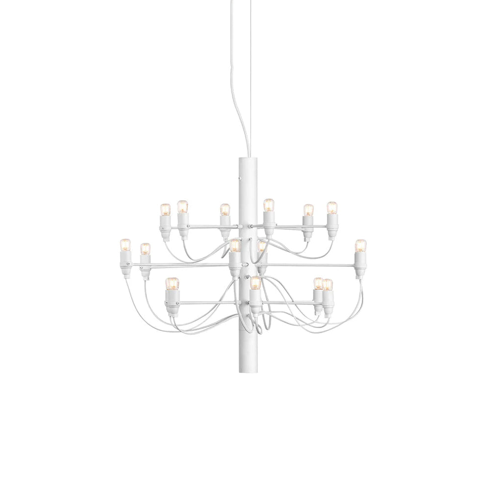 A small two-tier Clérachic chandelier in matt white, its arms and cables pale against a white backdrop.