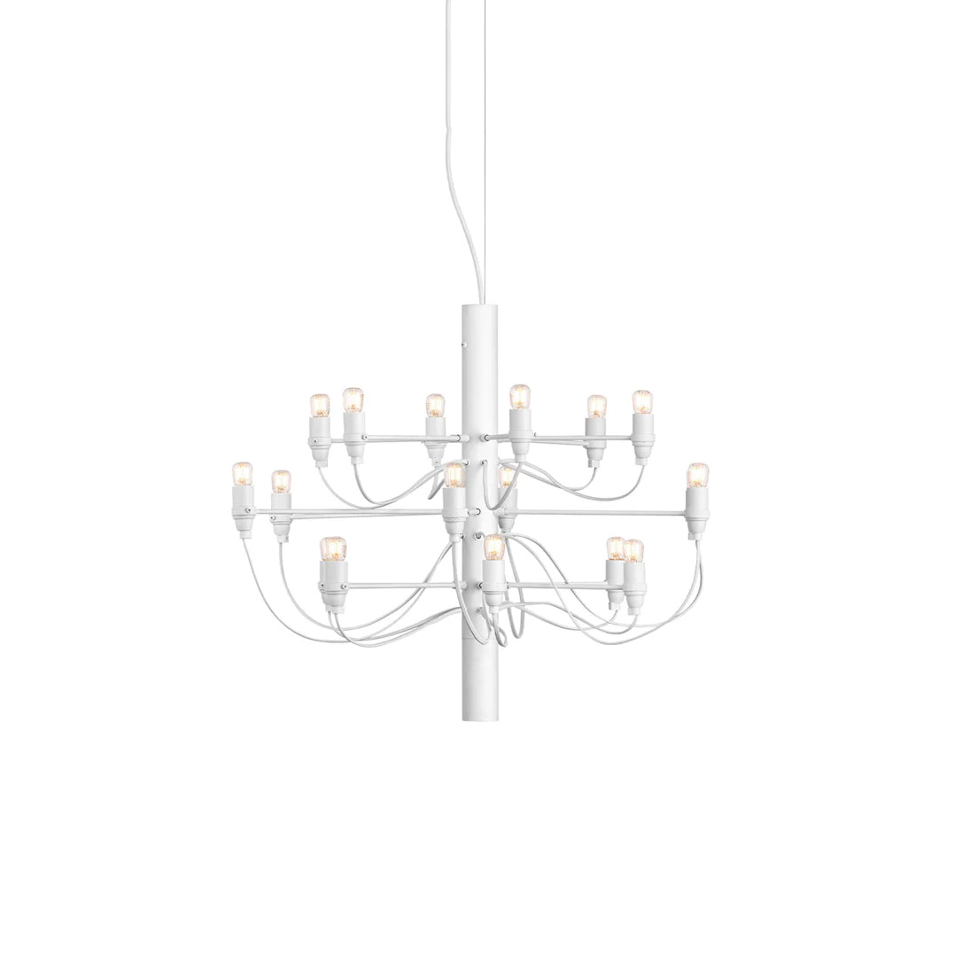A small two-tier Clérachic chandelier in matt white, its arms and cables pale against a white backdrop.