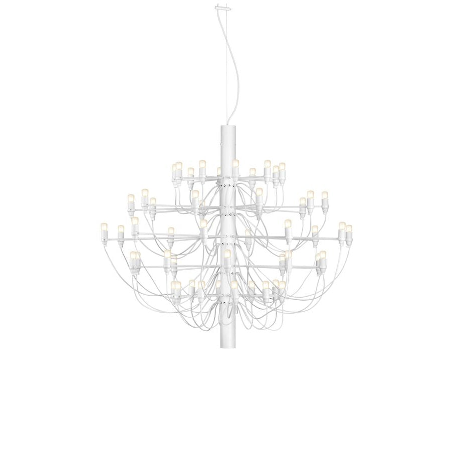 A mid-size Clérachic chandelier in matt white, with three tiers of slim arms and exposed bulbs, on white.