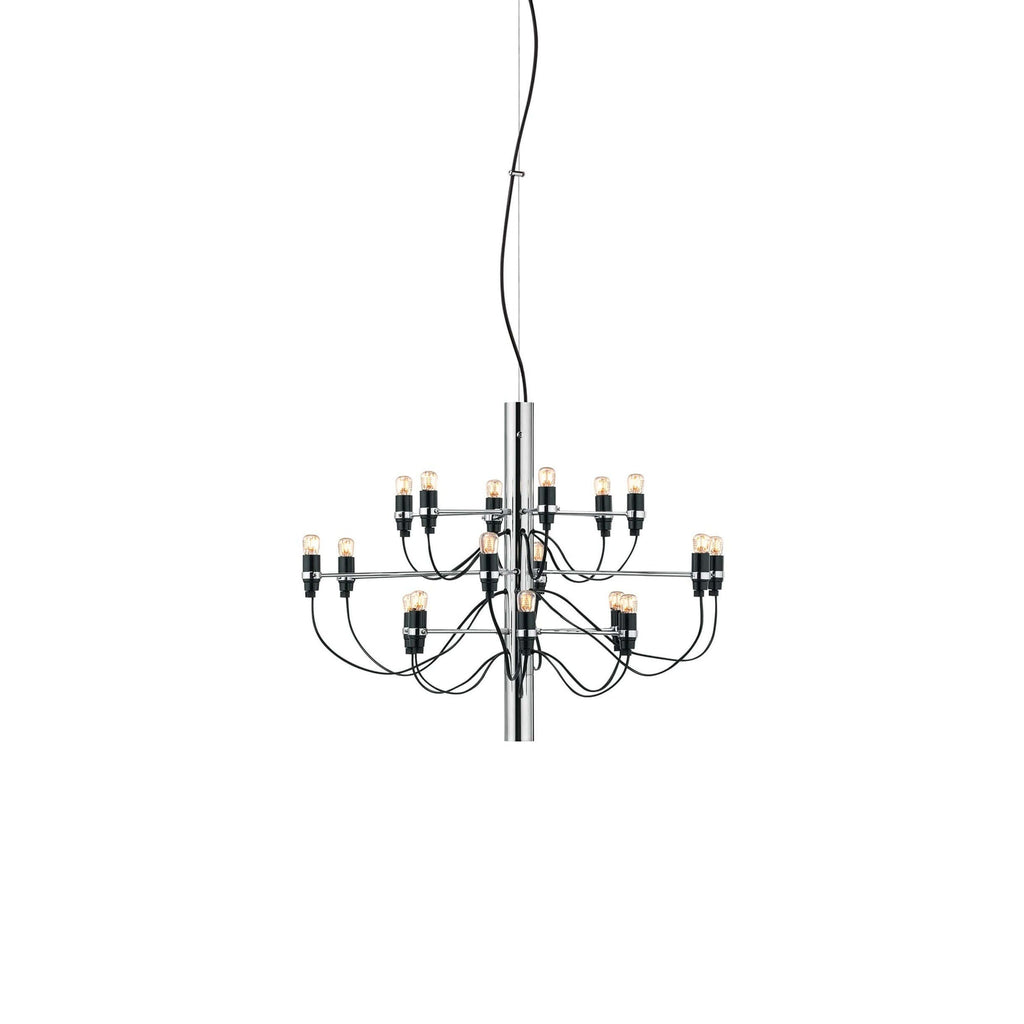 A small Clérachic chandelier with a chrome stem, black cables and exposed bulbs, on a plain white backdrop.