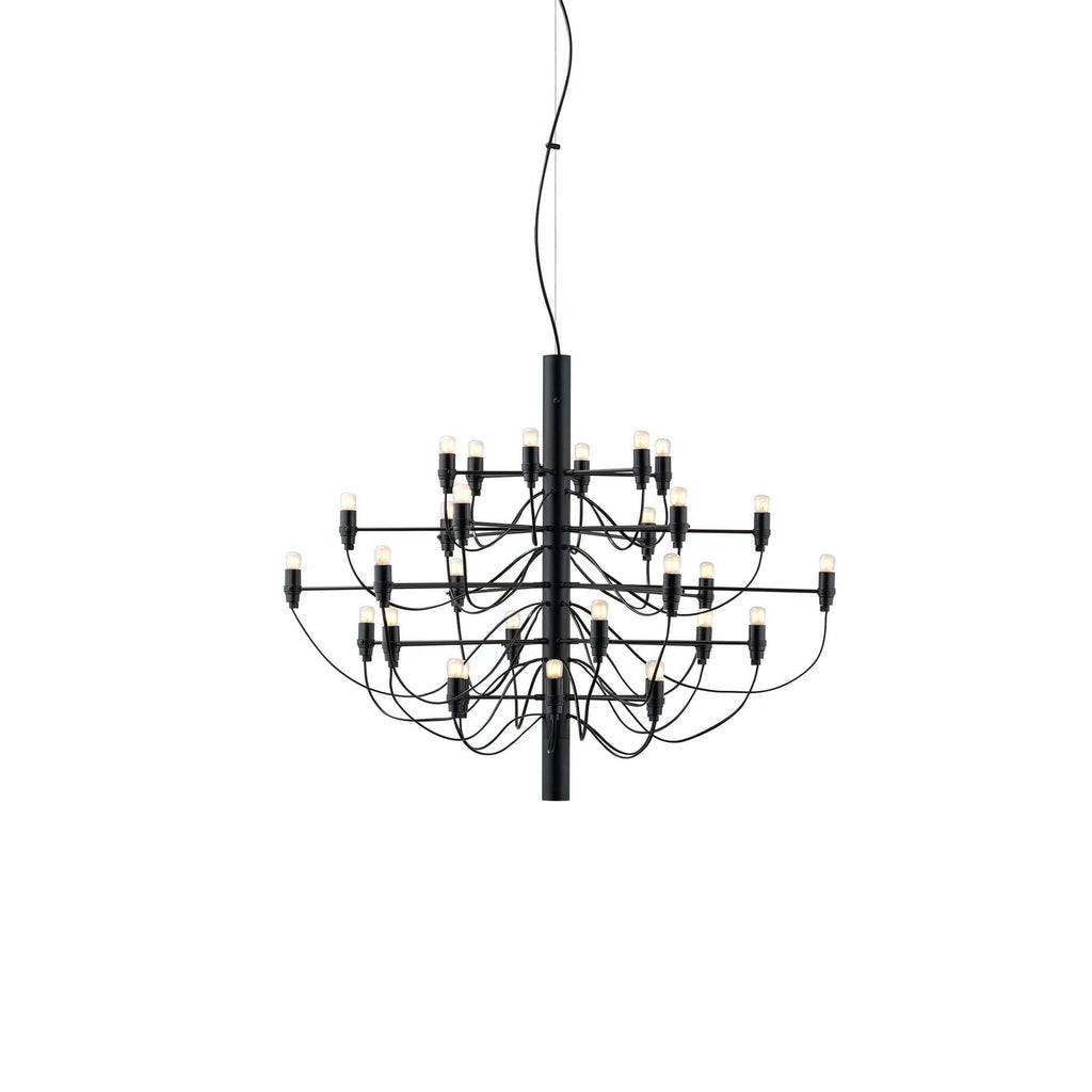 A mid-size Clérachic chandelier in matt black, with tiers of slim arms around a short central stem, on white.