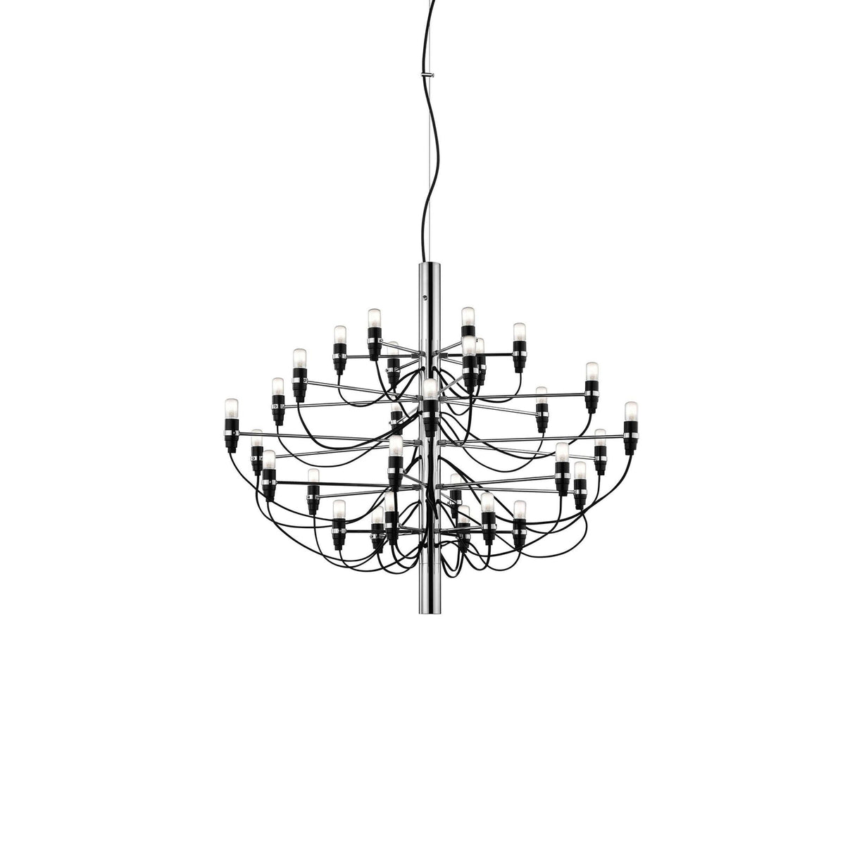 A mid-size Clérachic chandelier with a chrome stem and looping black cables, shown full length on a white backdrop.