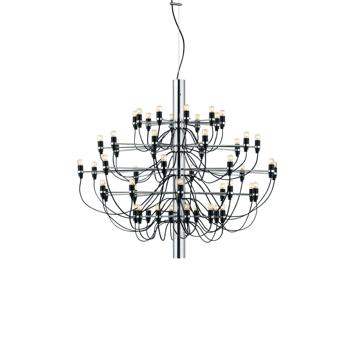 A Clérachic chandelier with a chrome stem, many tiers of slim arms and a ceiling hook above, on a white backdrop.