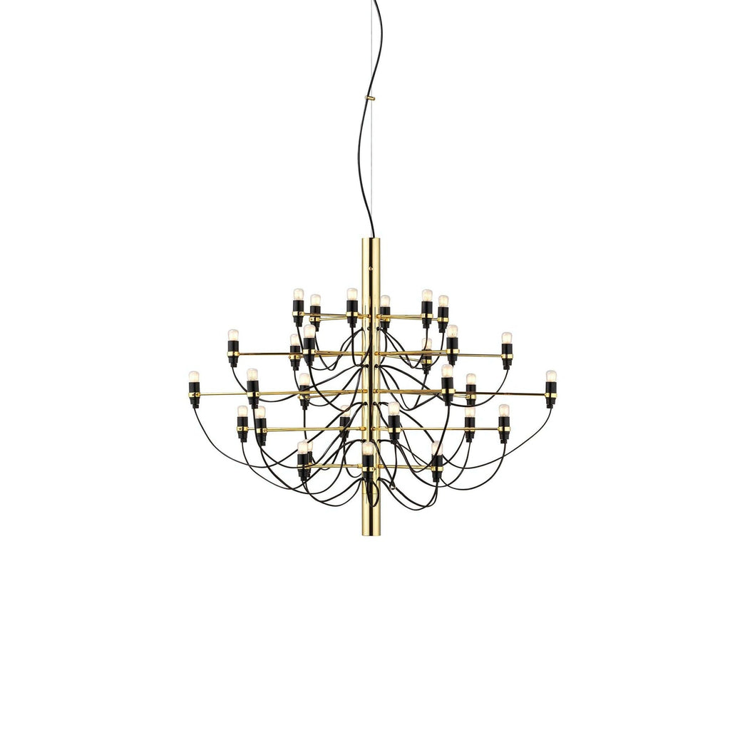 A mid-size Clérachic chandelier with a gold stem, slim arms and exposed bulbs, on a plain white backdrop.