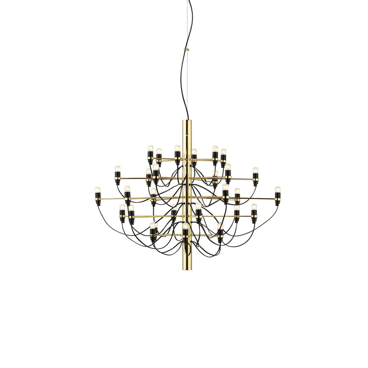 A mid-size Clérachic chandelier with a gold stem, slim arms and exposed bulbs, on a plain white backdrop.