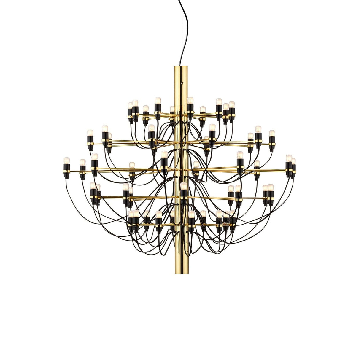 A large Clérachic chandelier in gold, with tiers of slim arms and black cables around a tall stem, on white.