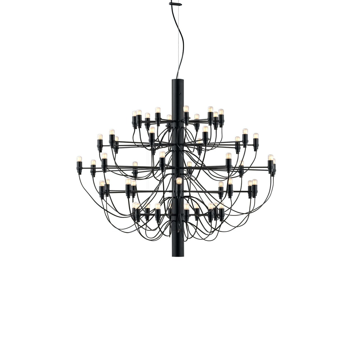 A mid-size Clérachic chandelier in matt black, with curving cable arms and exposed bulbs, on a plain white backdrop.