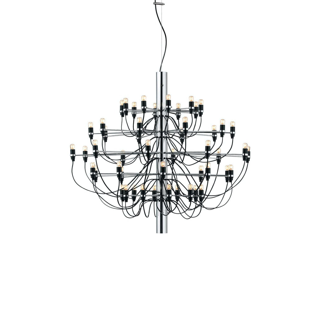 Another view of the chrome-stemmed Clérachic chandelier, with its tiered slim arms and looping cables, on white.