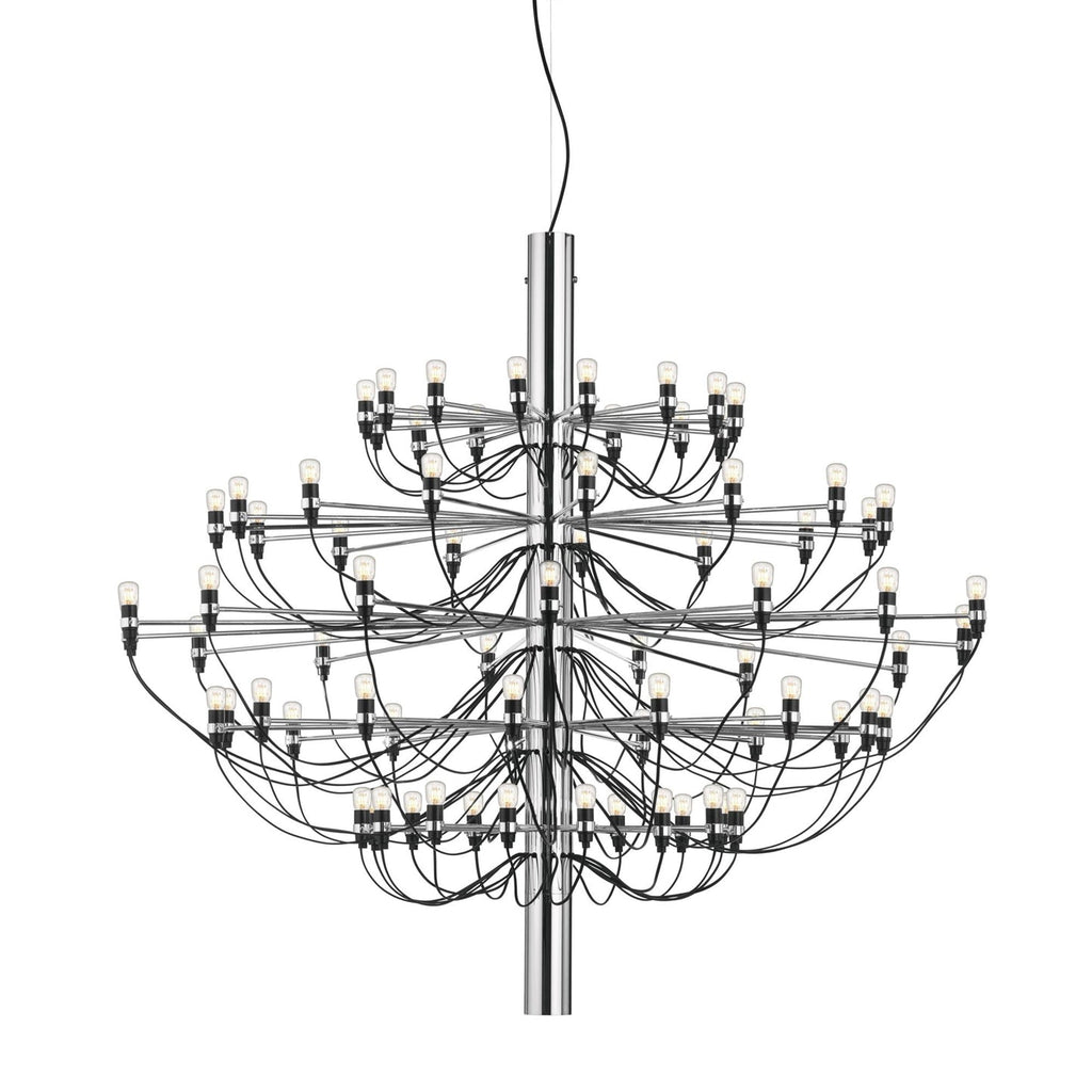 A large Clérachic chandelier with a chrome stem and many tiers of arms, shown full length on a white backdrop.