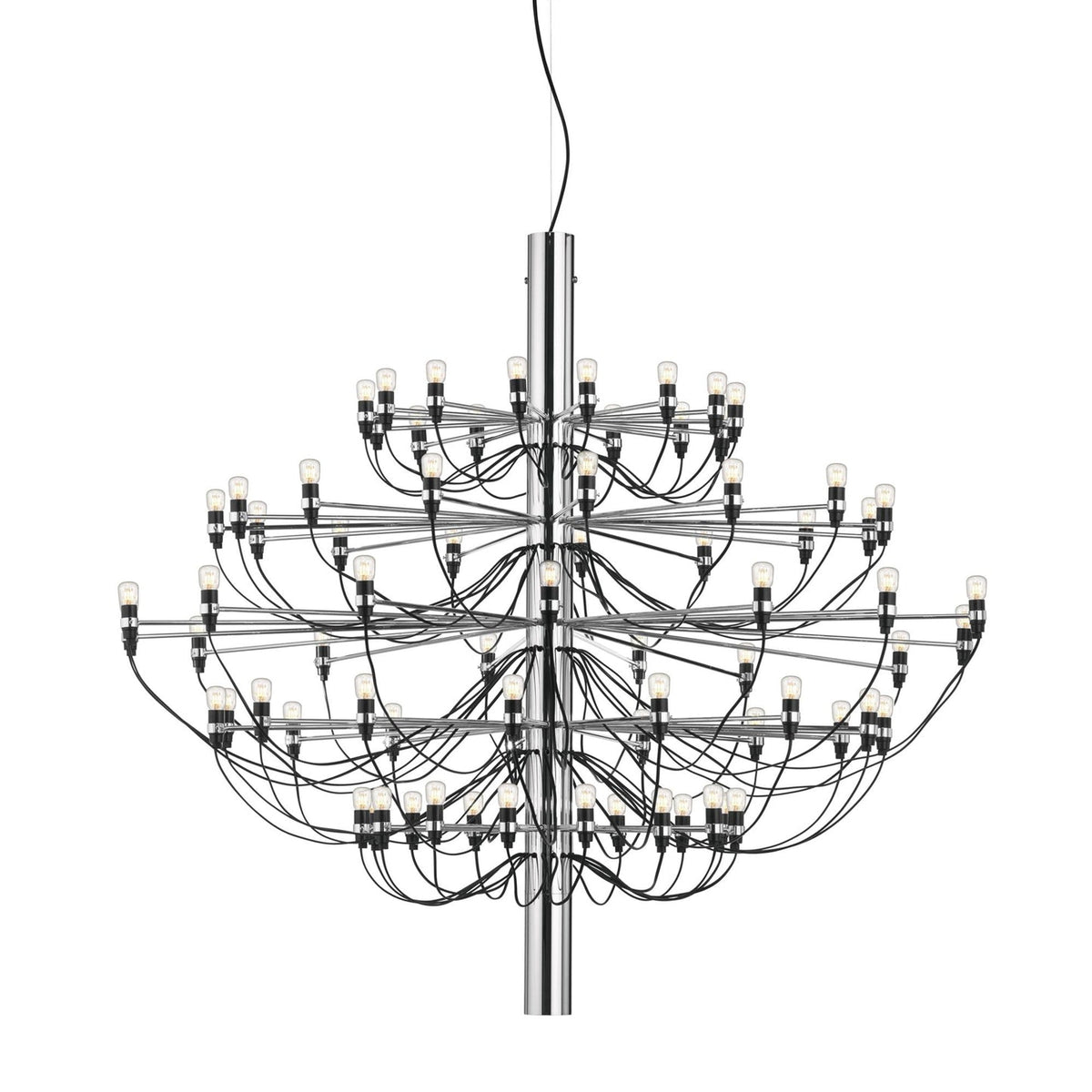 A large Clérachic chandelier with a chrome stem and many tiers of arms, shown full length on a white backdrop.