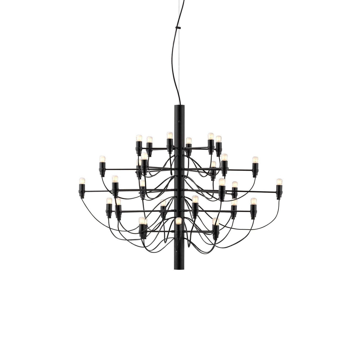 A compact Clérachic tiered chandelier in matt black, with three tiers of slim arms and exposed bulbs, on a white backdrop.