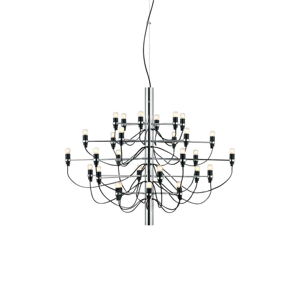 A compact Clérachic chandelier with a chrome stem and slim arms, its exposed bulbs and looping cables shown on white.