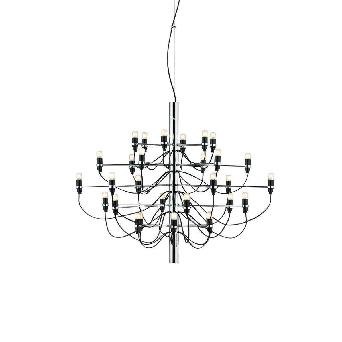 A compact Clérachic chandelier with a chrome stem and slim arms, its exposed bulbs and looping cables shown on white.