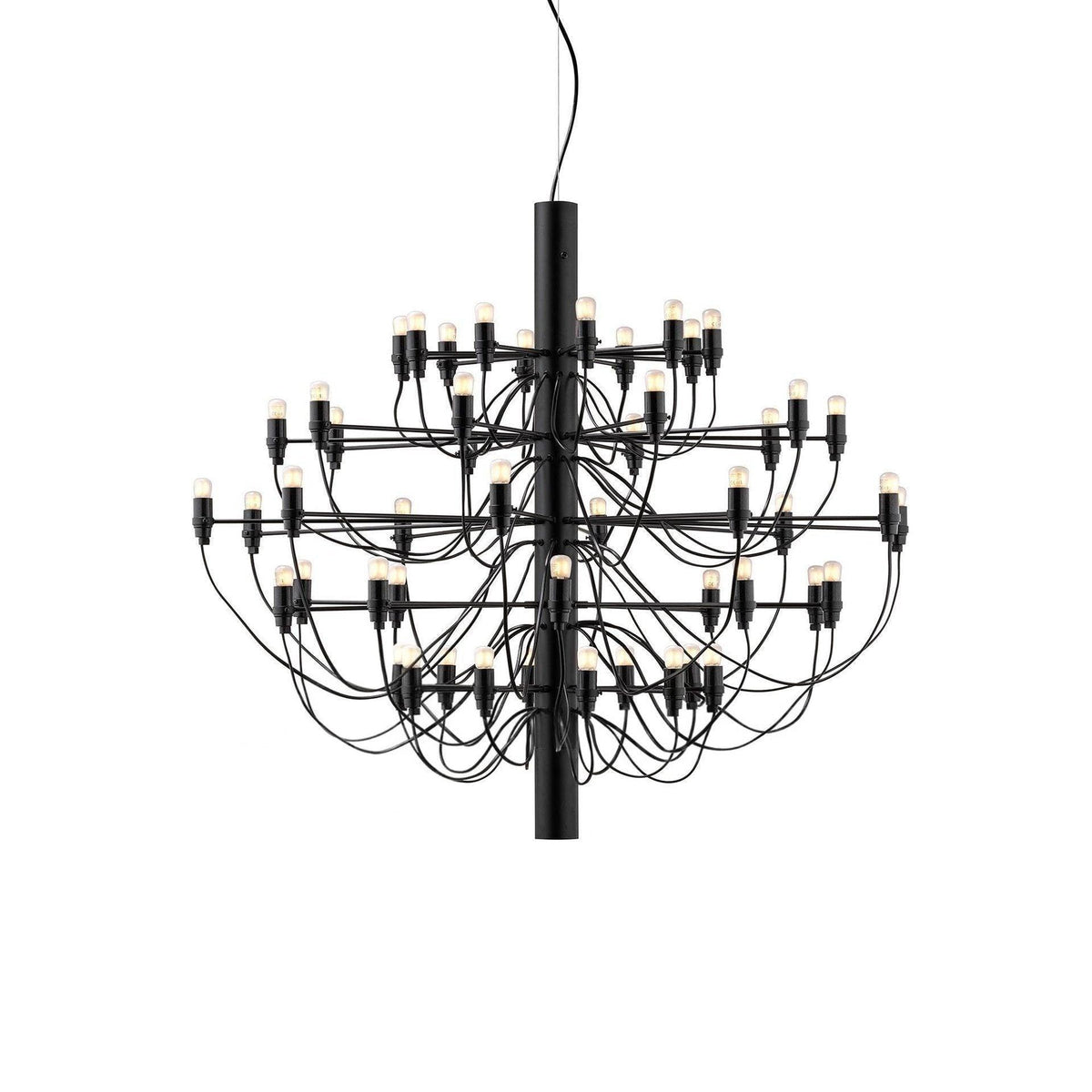 A fuller Clérachic tiered chandelier in matt black, with more arms and bulbs than the compact version, on a white backdrop.